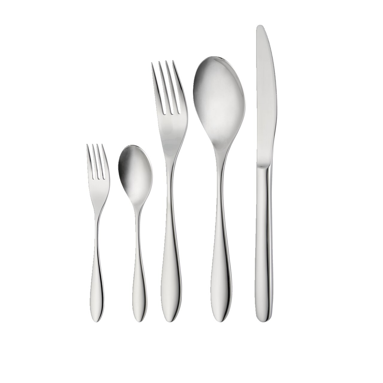 Besteckset 30-tlg. aus Edelstahl, bestehend aus Messer, Gabel, Löffel, Kuchengabel und Teelöffel, frontal abgebildet.