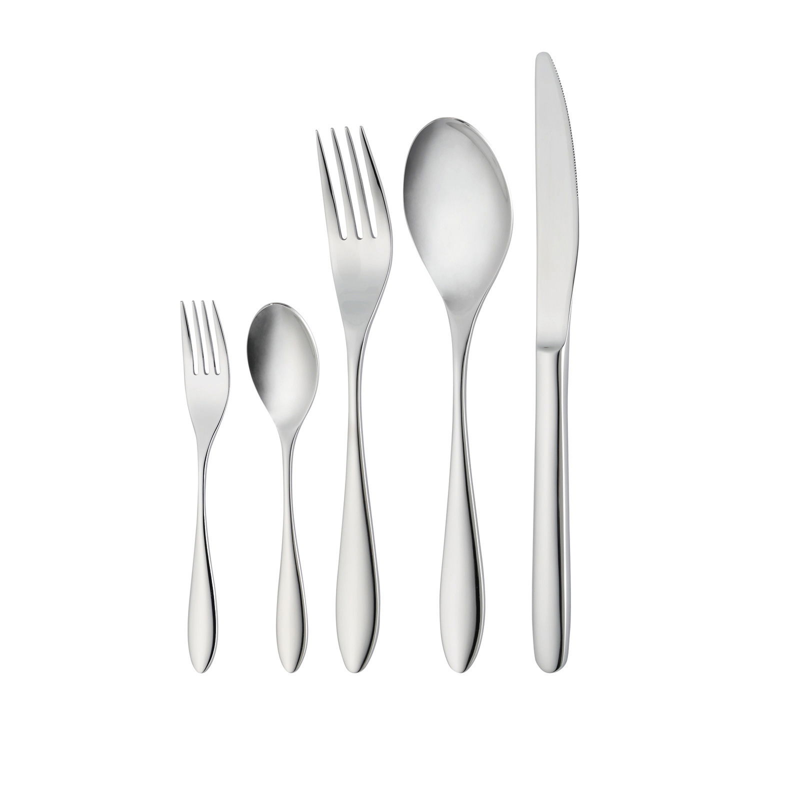 Besteckset 30-tlg. aus Edelstahl, bestehend aus Messer, Gabel, Löffel, Kuchengabel und Teelöffel, frontal abgebildet.