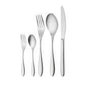 Besteckset 30-tlg. aus Edelstahl, bestehend aus Messer, Gabel, Löffel, Kuchengabel und Teelöffel, frontal abgebildet.