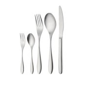 Besteckset 30-tlg. aus Edelstahl, bestehend aus Messer, Gabel, Löffel, Kuchengabel und Teelöffel, frontal abgebildet.