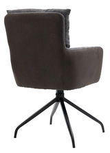 Rückansicht eines modernen Sessels mit schwarzem Metallgestell und dunkelgrauem Polster.