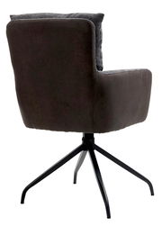 Rückansicht eines modernen Sessels mit schwarzem Metallgestell und dunkelgrauem Polster.