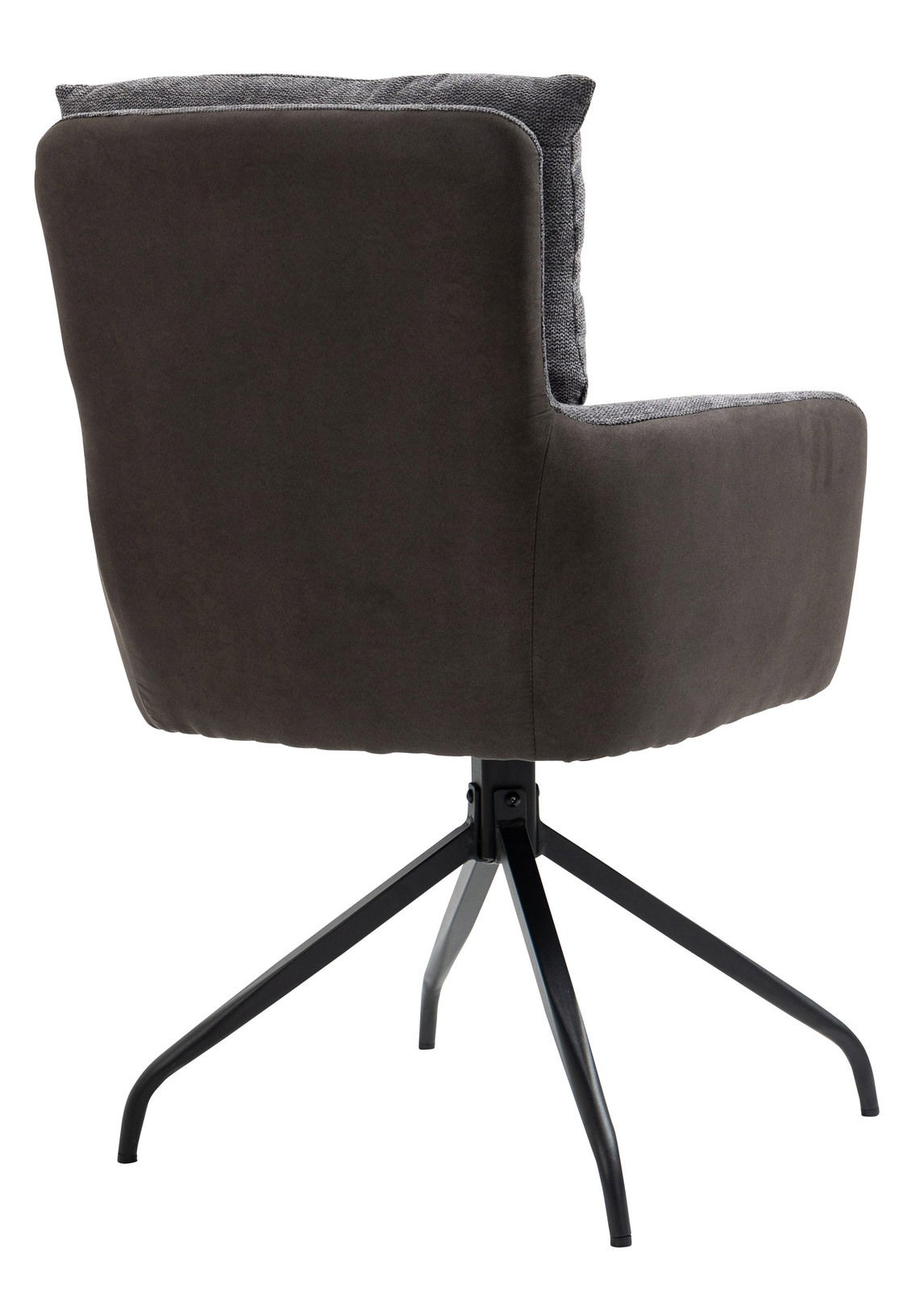 Rückansicht eines modernen Sessels mit schwarzem Metallgestell und dunkelgrauem Polster.