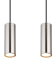 Zwei zylindrische Hängeleuchten aus gebürstetem Metall, von unten betrachtet.