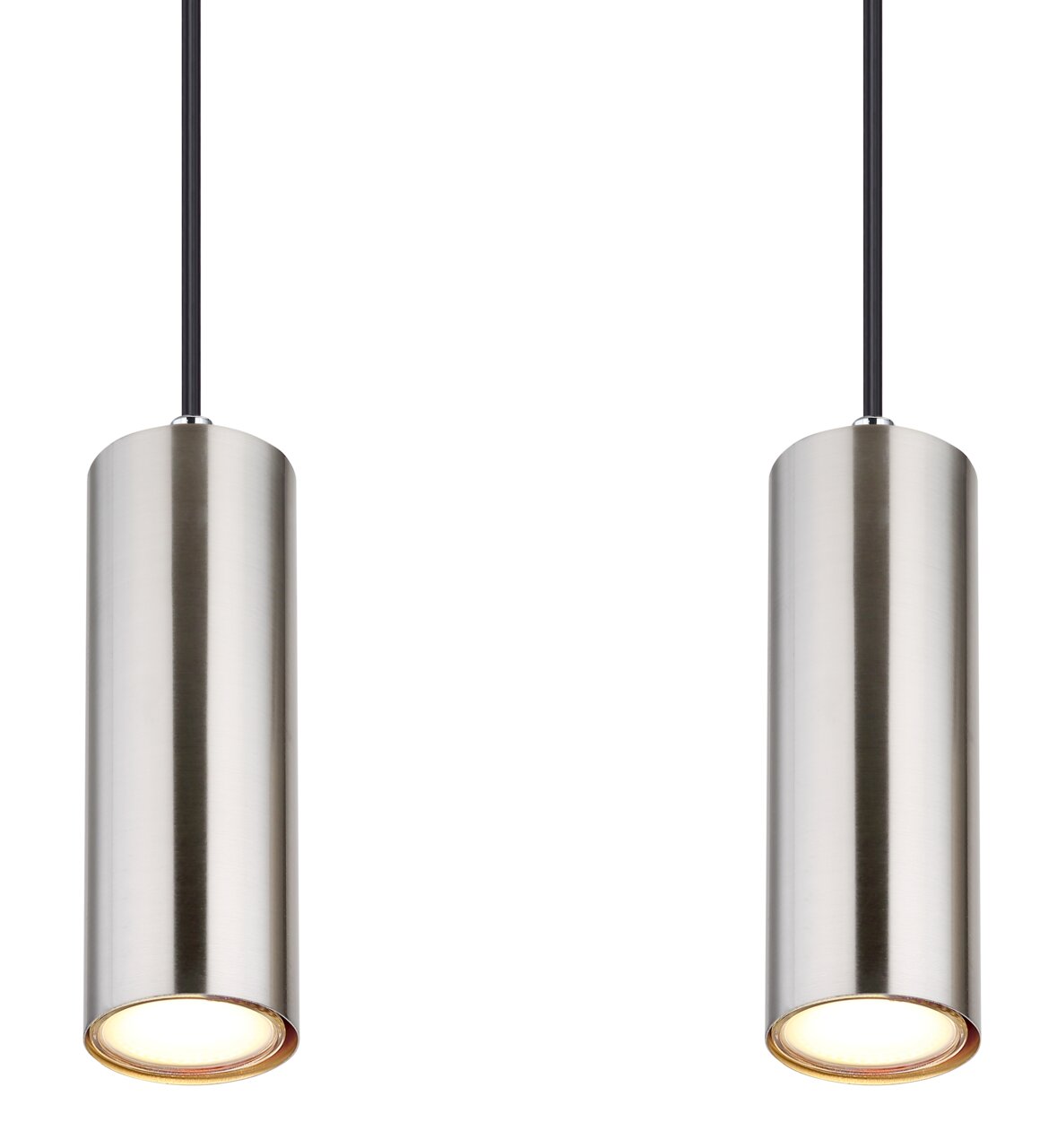 Zwei zylindrische Hängeleuchten aus gebürstetem Metall, von unten betrachtet.