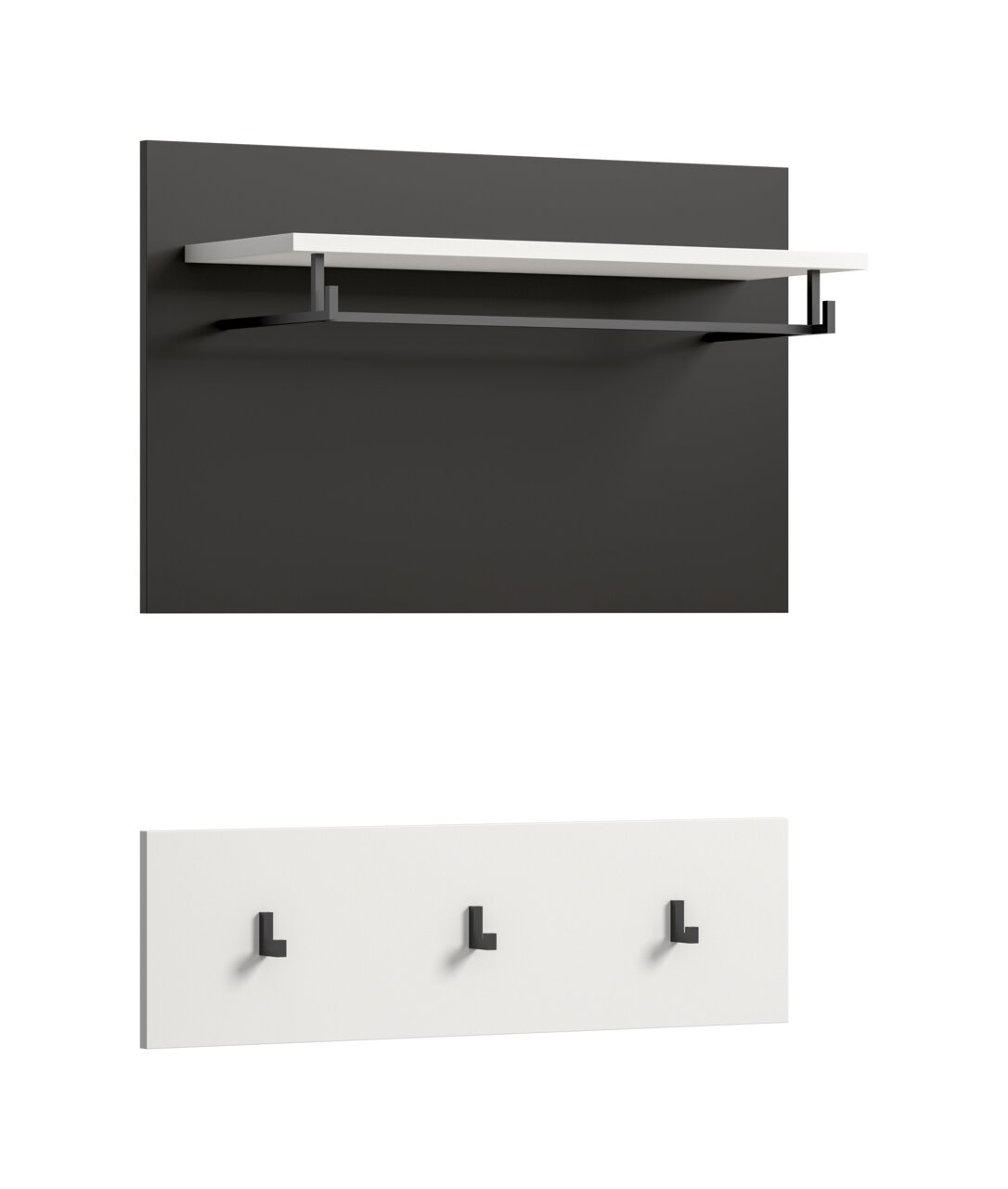 Minimalistische Wandgarderobe mit weißer Ablage und schwarzer Kleiderstange sowie Hakenleiste, dargestellt in schräger Frontansicht.