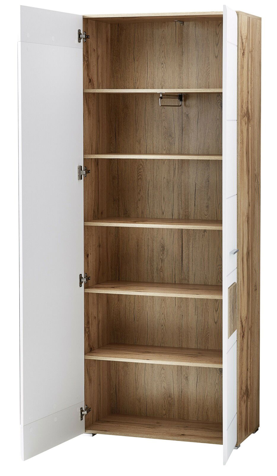 Offener Garderobenschrank mit Holzeinlegeböden und weißer Tür, Perspektive von vorne links