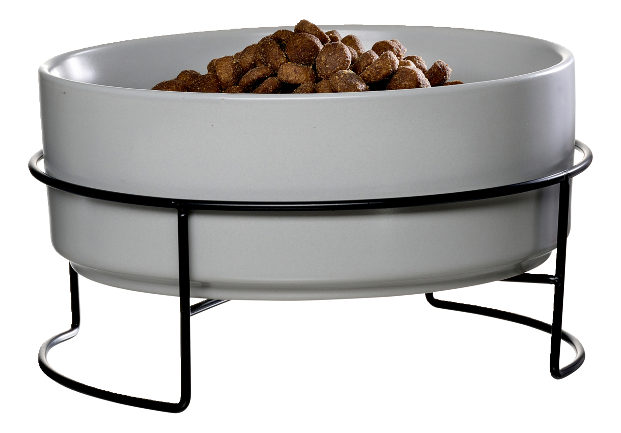 Grauer Futternapf auf schwarzem Metallständer, gefüllt mit Trockenfutter, seitliche Perspektive