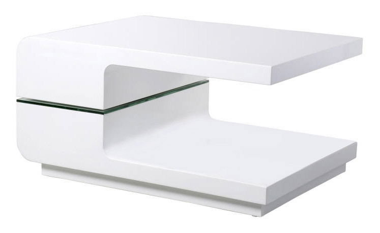 Moderner weißer Couchtisch mit geschwungenem Design und Glasablage, seitliche Perspektive