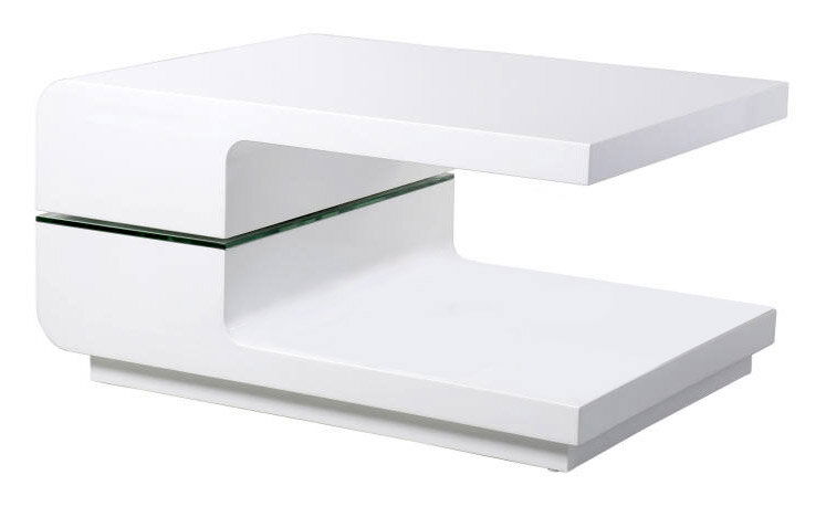Moderner weißer Couchtisch mit geschwungenem Design und Glasablage, seitliche Perspektive