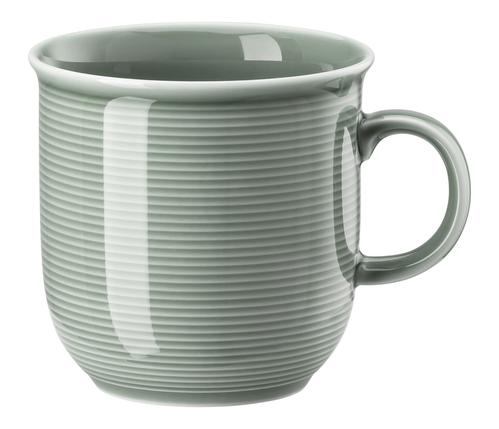 Großer Becher mit Henkel in Moosgrün, seitliche Perspektive
