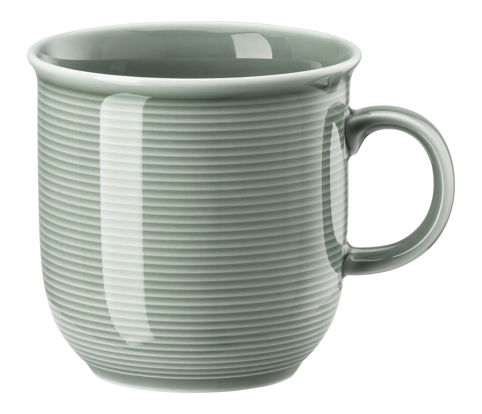 Großer Becher mit Henkel in Moosgrün, seitliche Perspektive