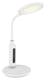 Moderne weiße Tischleuchte FRUGGY mit flexiblem Hals und Touch-Bedienfeld, seitliche Perspektive