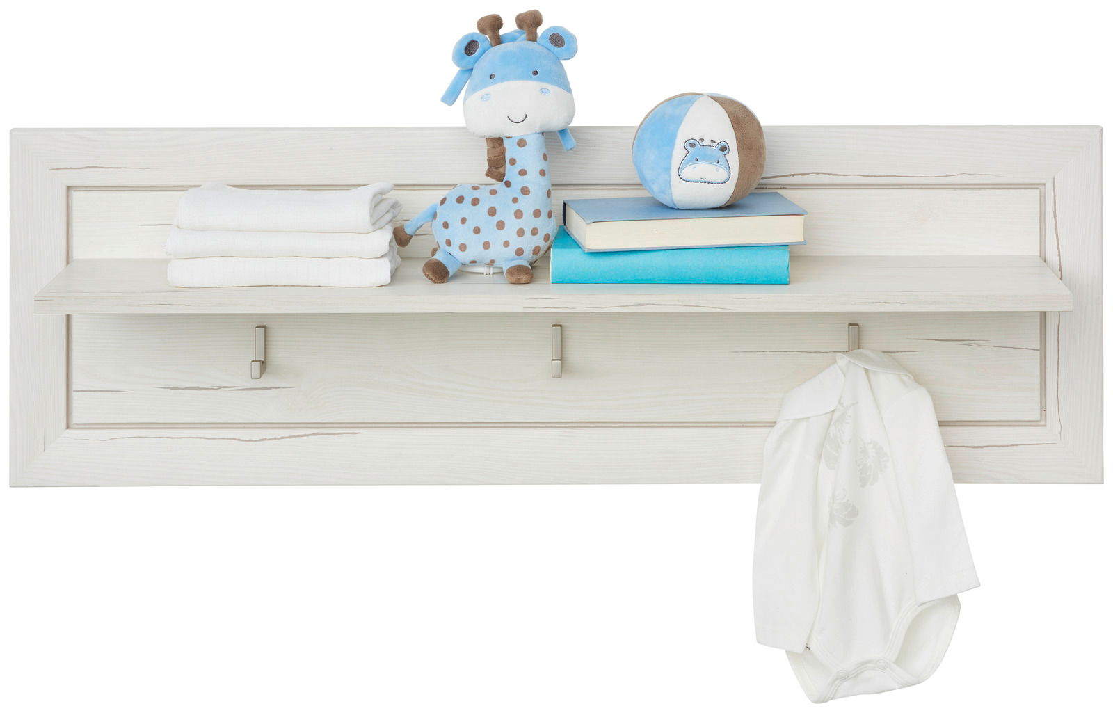 MyBaby Wandboard CAMRON Wandboard aus hellem Holz mit Spielzeug, Büchern und Kleidung, frontal betrachtet