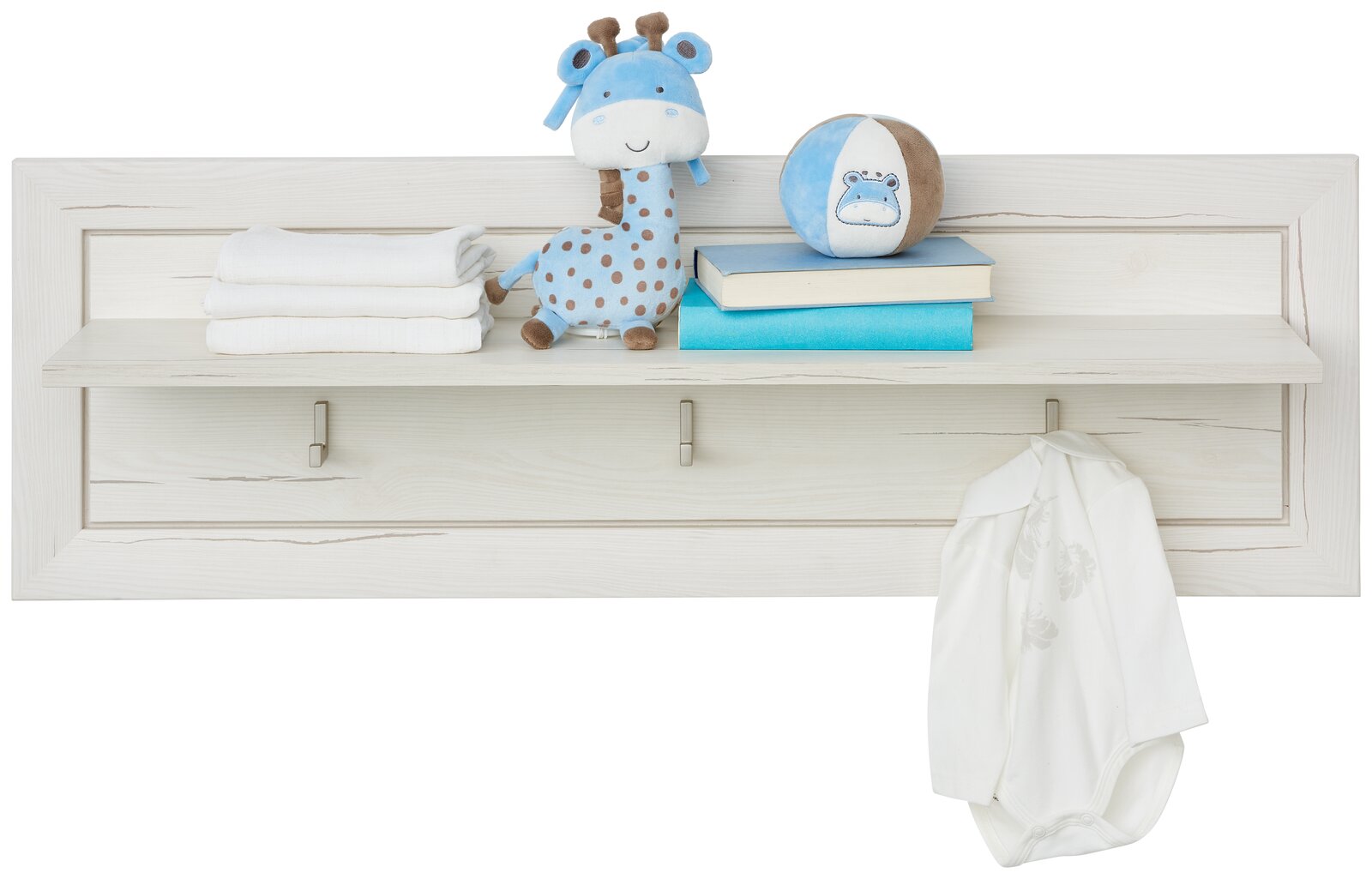 MyBaby Wandboard CAMRON Wandboard aus hellem Holz mit Spielzeug, Büchern und Kleidung, frontal betrachtet