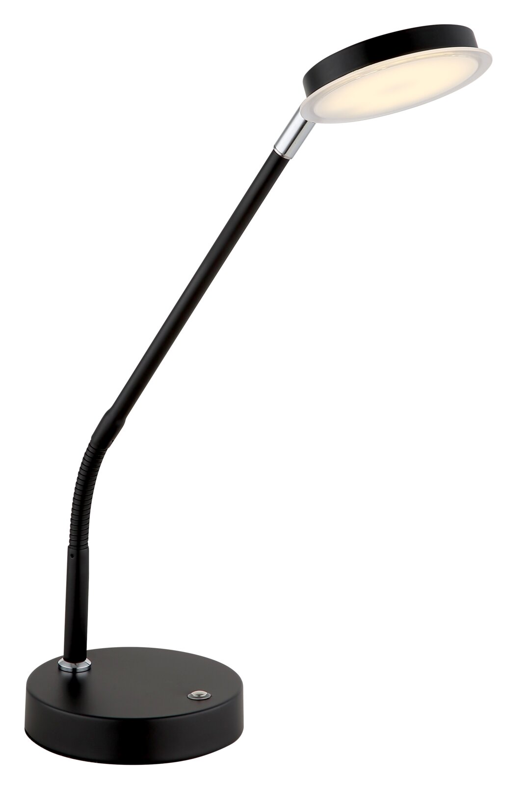 Schwarze LED-Tischleuchte mit flexiblem Hals und rundem Lampenkopf, seitliche Perspektive