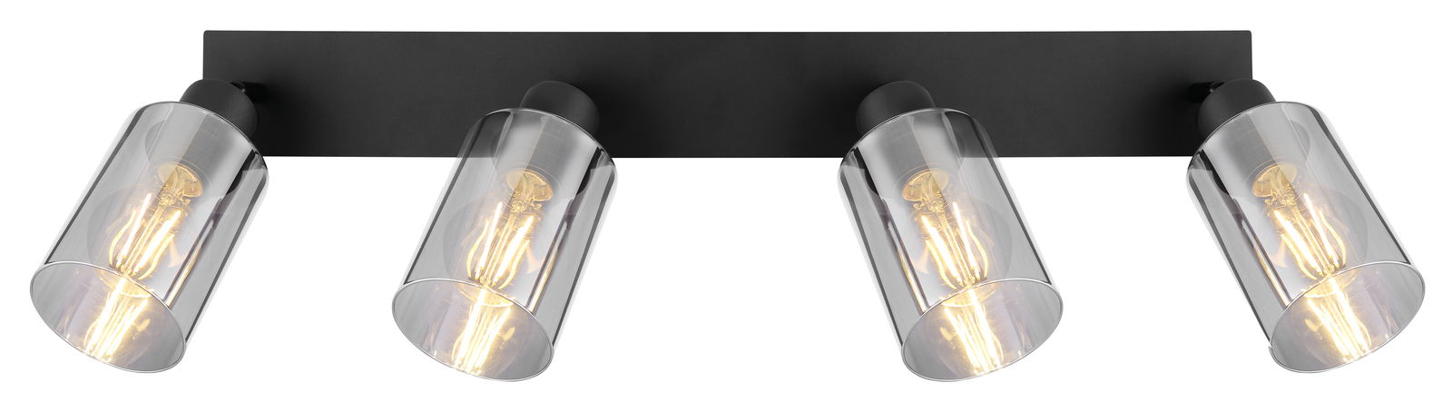 Vierflammiger Strahler aus mattschwarzem Metall mit klaren Gläsern, seitliche Perspektive