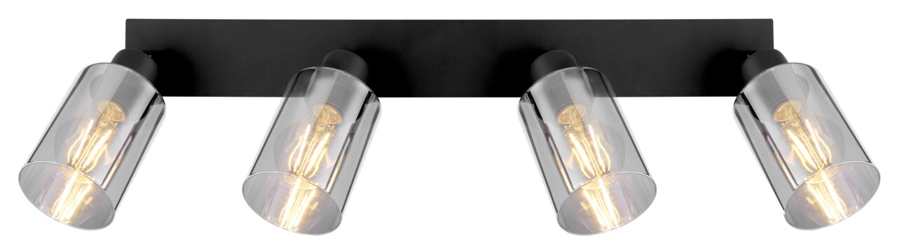 Vierflammiger Strahler aus mattschwarzem Metall mit klaren Gläsern, seitliche Perspektive