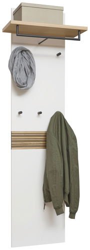 Garderobenpaneel in Weiß mit Holzablage und Kleiderhaken, frontal betrachtet