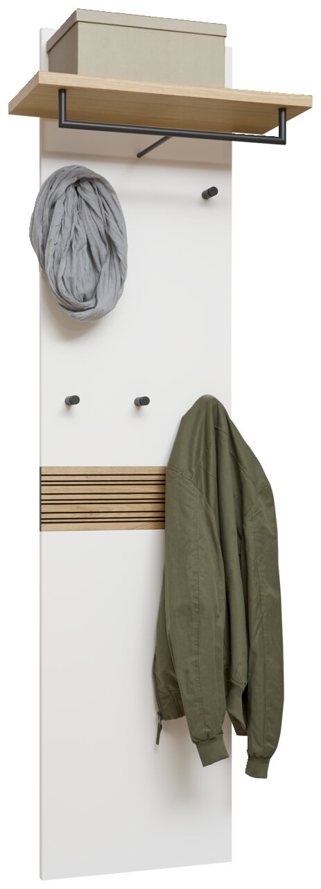 Dieter Knoll Garderobenpaneel lang ARCO NOVA Garderobenpaneel in Weiß mit Holzablage und Kleiderhaken, frontal betrachtet