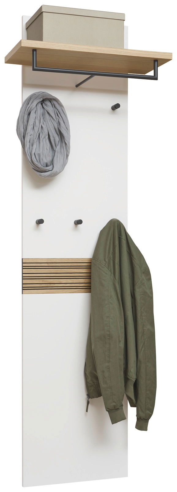 Garderobenpaneel in Weiß mit Holzablage und Kleiderhaken, frontal betrachtet