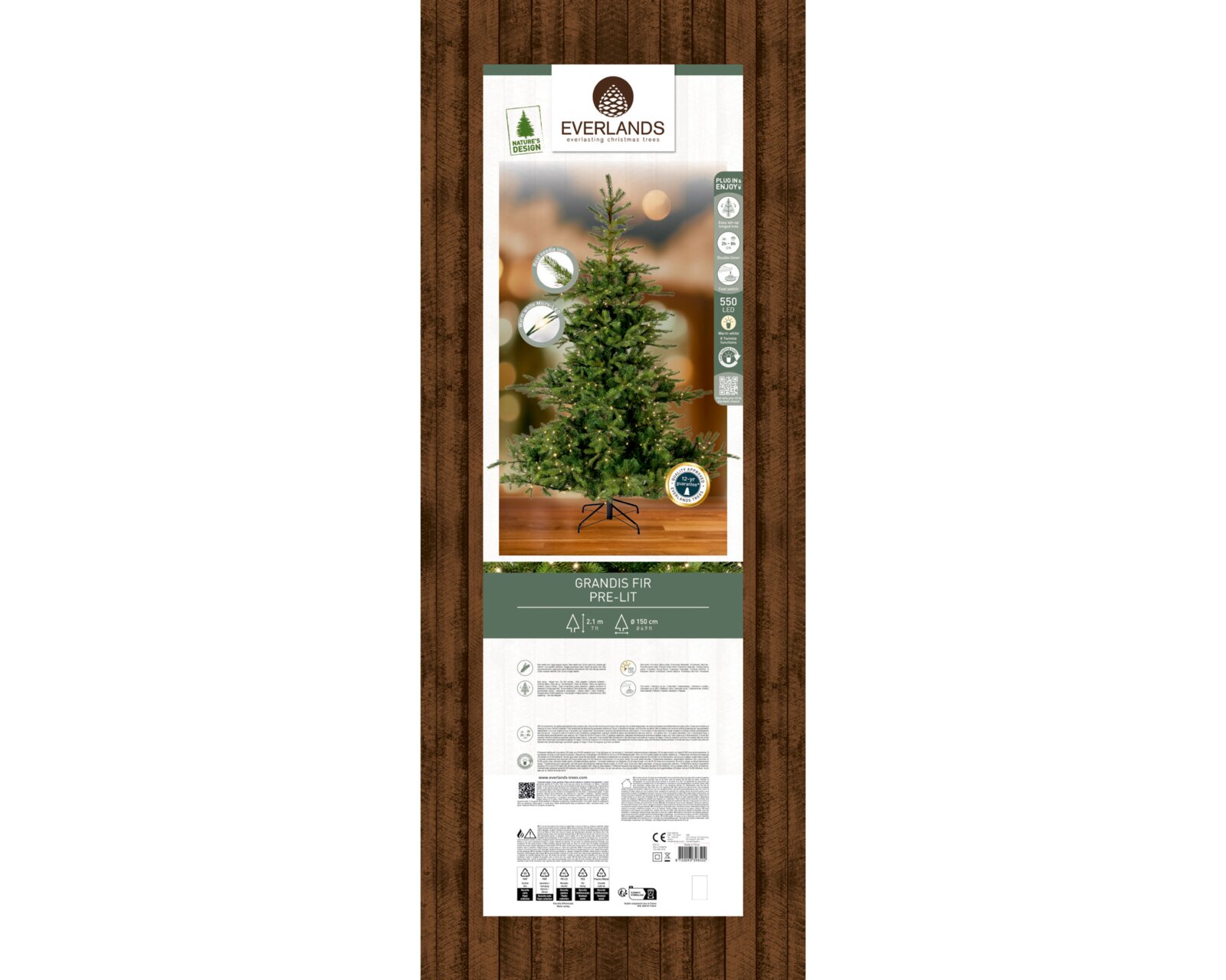 Vooraanzicht van de verpakking van de Everlands Grandis Fir kunstkerstboom van 2,1 meter, met metalen standaard en 550 warmwitte micro-ledlampjes