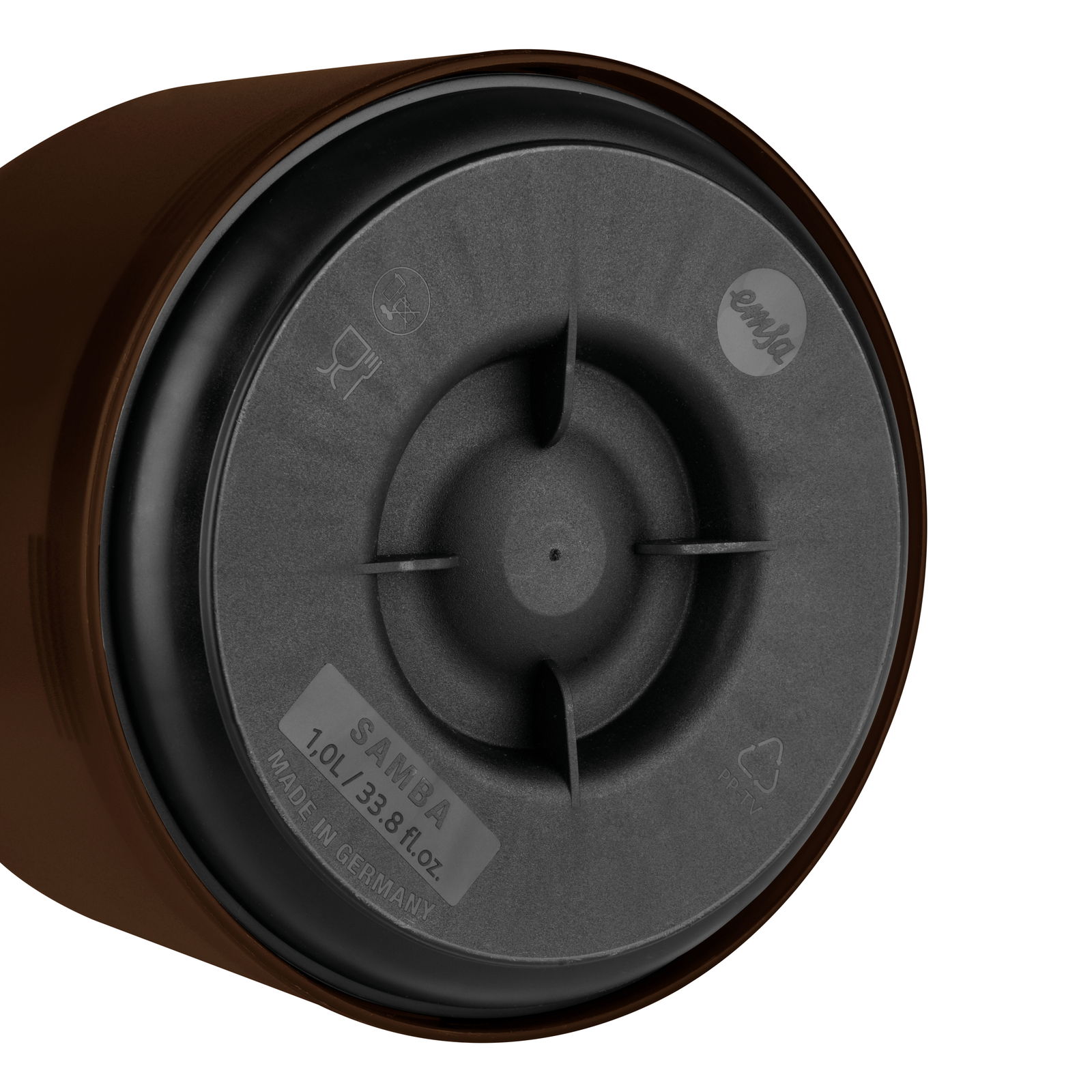 Bodenansicht einer braunen Isolierkanne Samba QP 1,0l mit Markierungen und Logo.