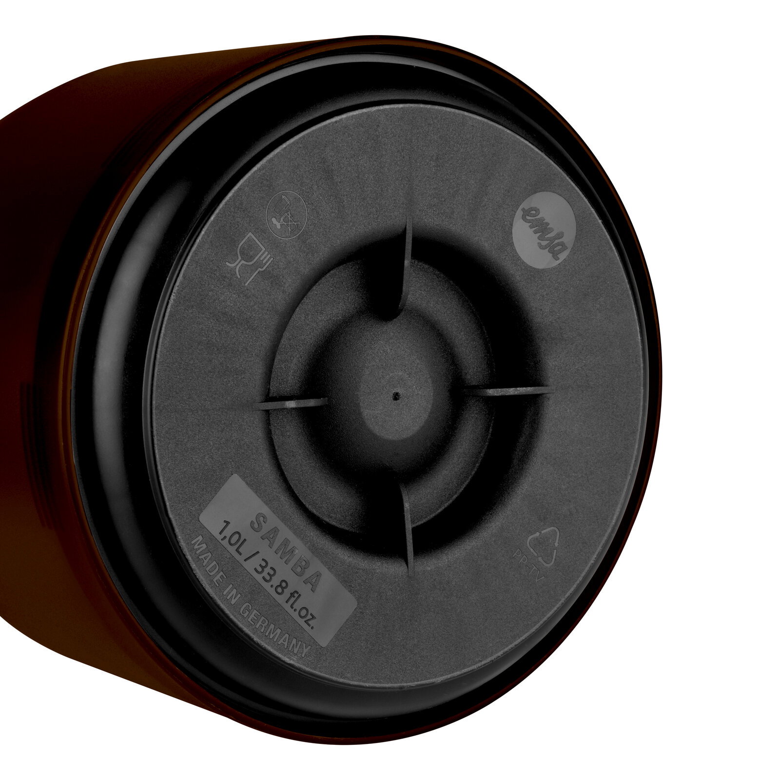 Bodenansicht einer braunen Isolierkanne Samba QP 1,0l mit Markierungen und Logo.