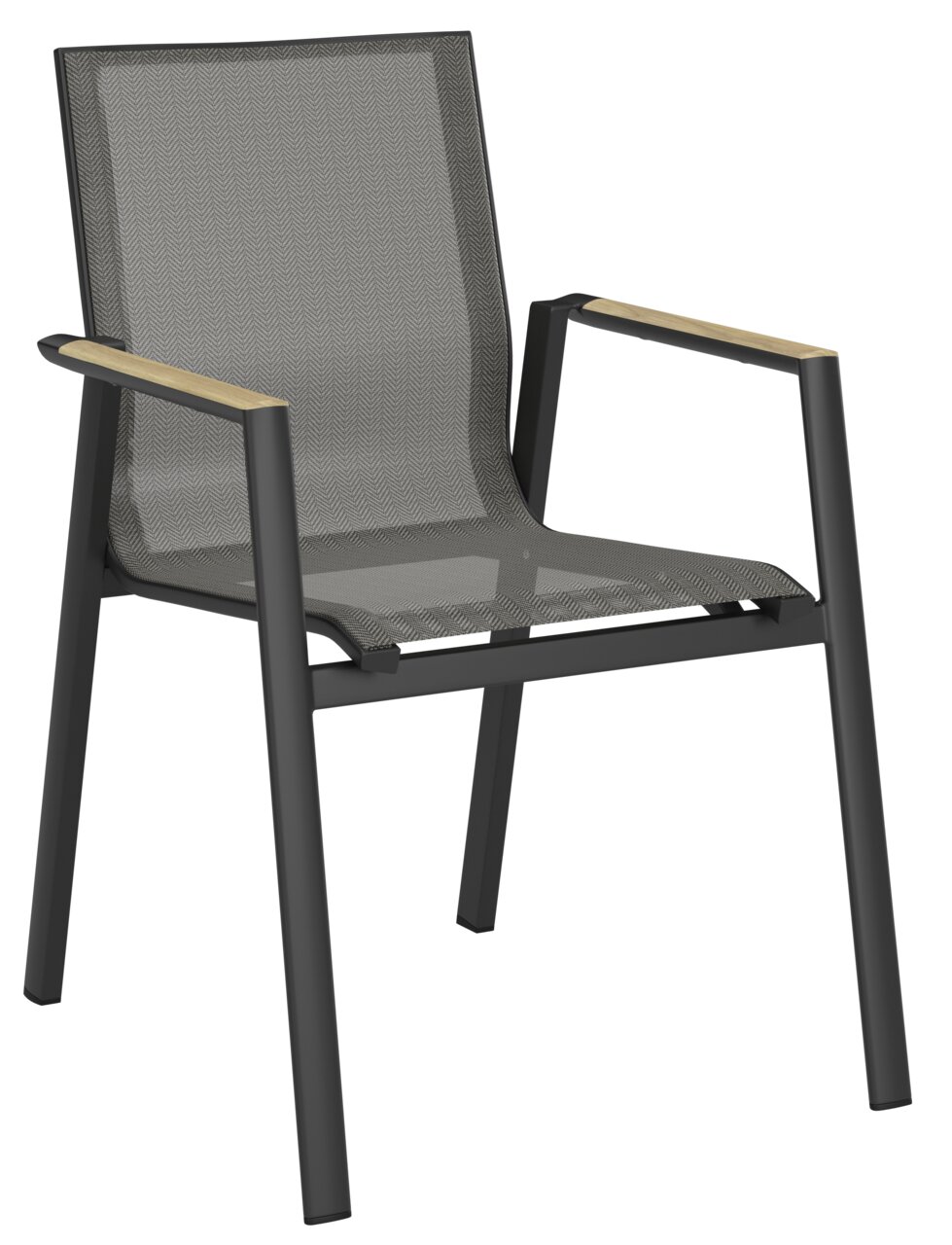 Ambia Garden Stapelstuhl GENET Moderner Stapelstuhl mit schwarzem Metallrahmen und Armlehnen aus Holz, seitliche Perspektive