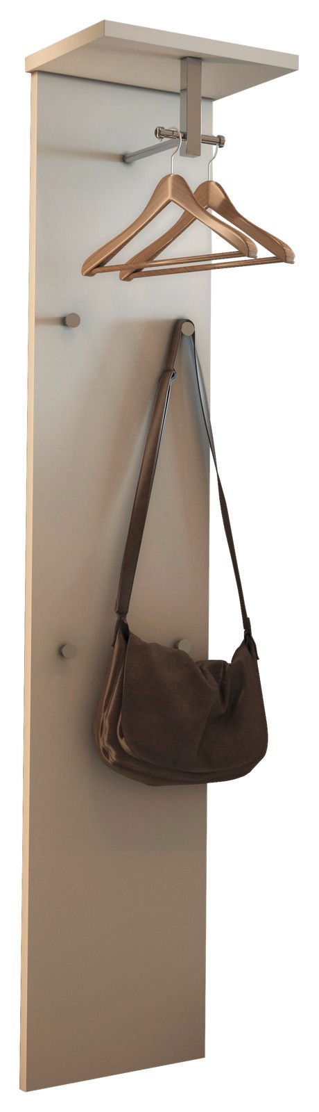 Garderobepaneel in seitlicher Perspektive mit Haken, Kleiderbügeln und einer Tasche.