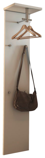 Garderobepaneel in seitlicher Perspektive mit Haken, Kleiderbügeln und einer Tasche.