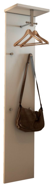 Garderobepaneel in seitlicher Perspektive mit Haken, Kleiderbügeln und einer Tasche.