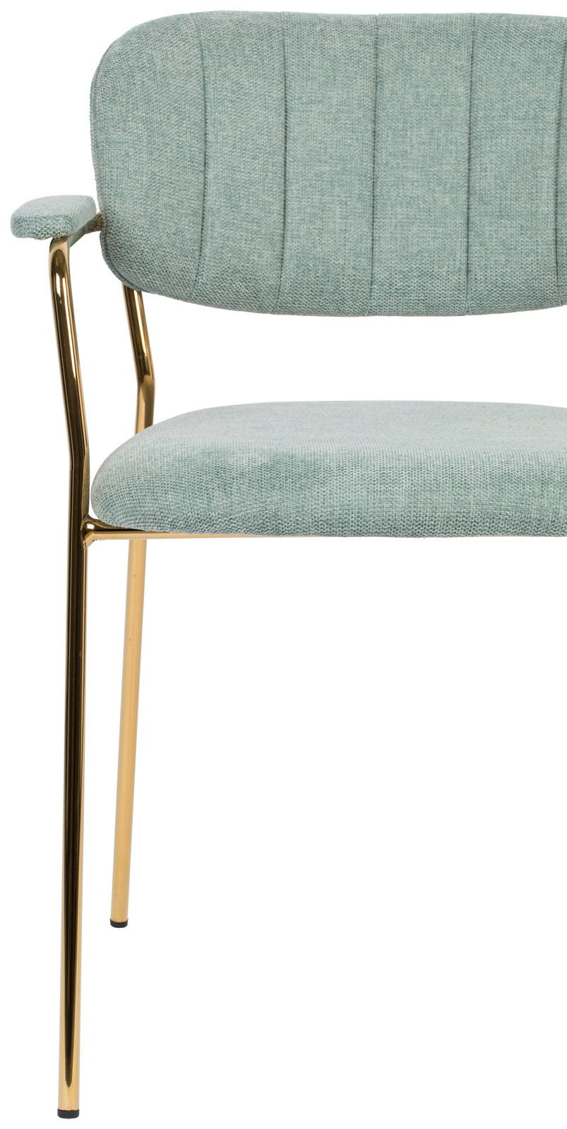 Armlehnstuhl mit hellgrünem Stoffbezug und goldenen Metallbeinen, seitliche Perspektive