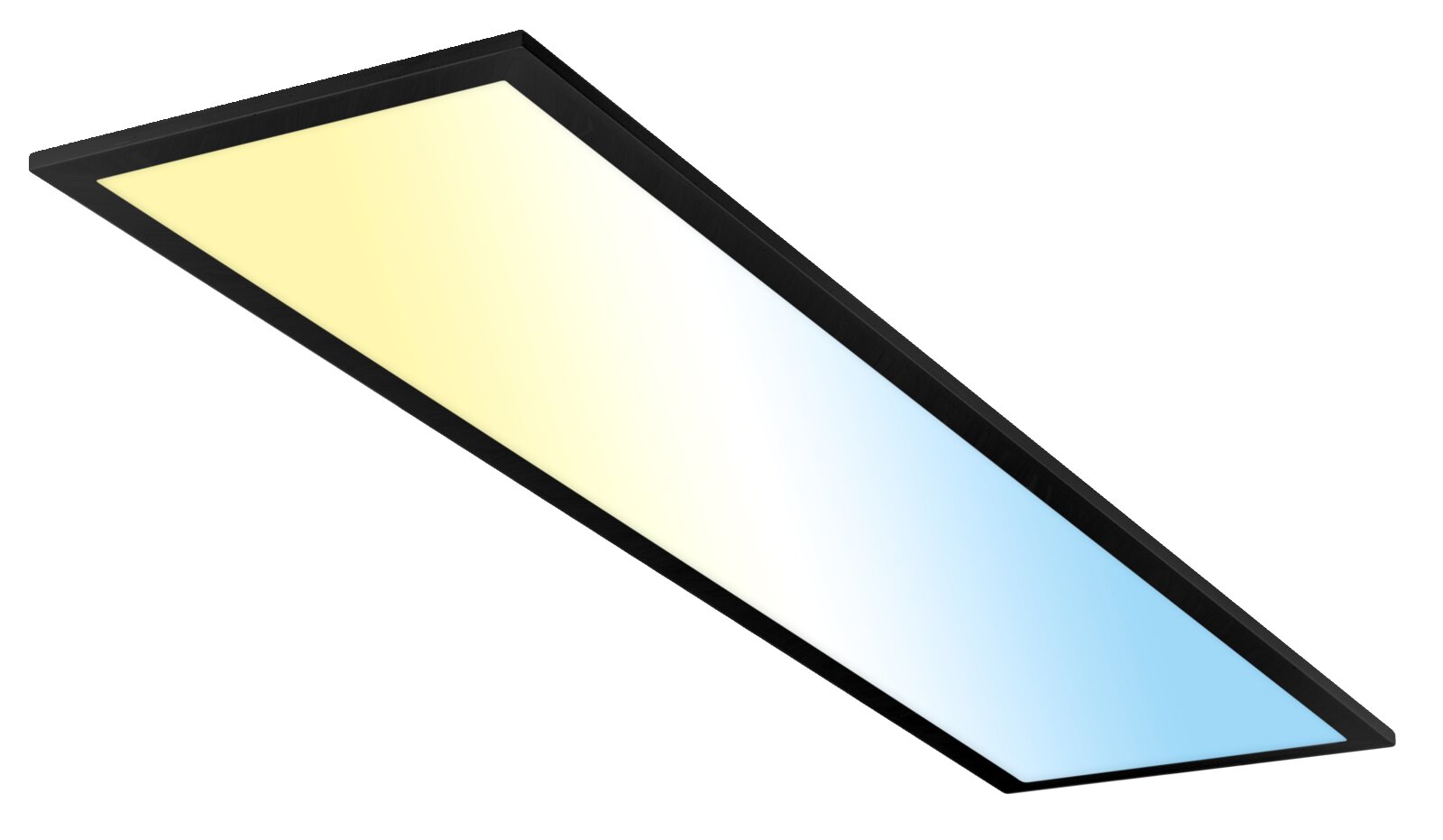 Schlanke rechteckige LED-Deckenleuchte mit schwarzem Rahmen und diffuser Lichtfläche in Warm- bis Kaltweiß, in schräger Perspektive von unten/seitlich dargestellt