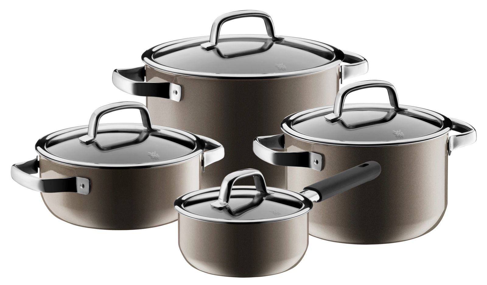 4-teiliges Topfset FUSIONTEC Dark aus Edelstahl mit Glasdeckeln, seitliche Perspektive