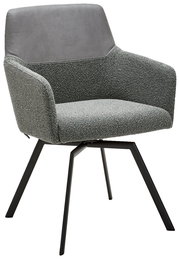 Moderner grauer Sessel mit gepolstertem Sitz und Rückenlehne, seitliche Armlehnen und schwarze Metallbeine, seitliche Perspektive.