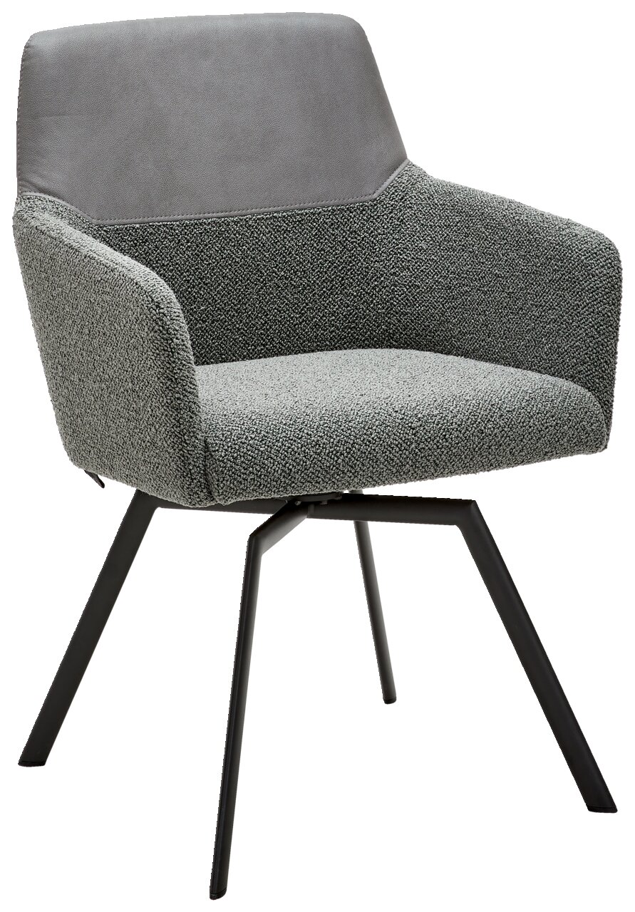 Moderner grauer Sessel mit gepolstertem Sitz und Rückenlehne, seitliche Armlehnen und schwarze Metallbeine, seitliche Perspektive.