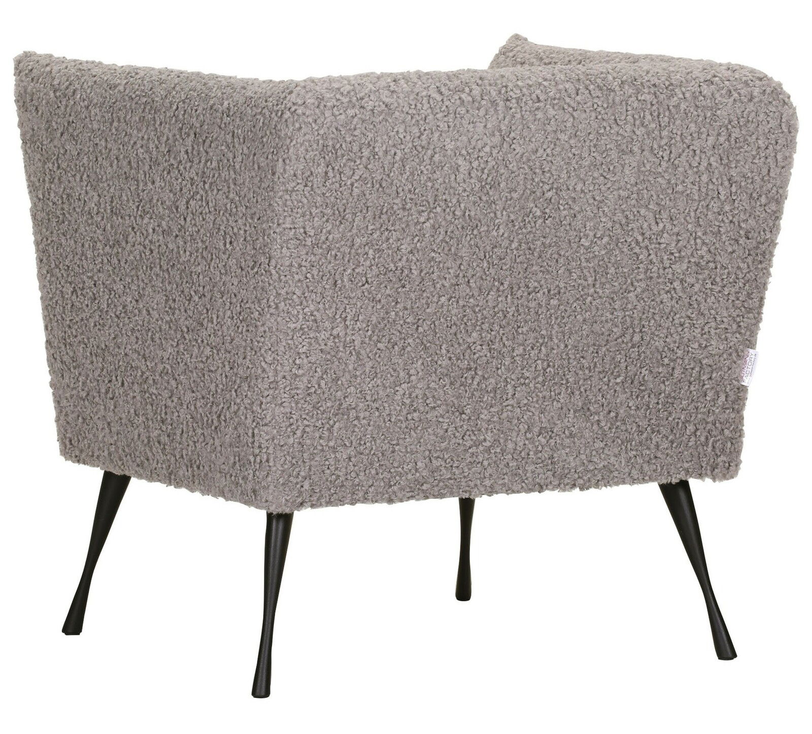 Rückansicht eines Sessels mit grauem, flauschigem Stoffbezug und schwarzen, schlanken Beinen.