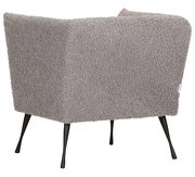 Rückansicht eines Sessels mit grauem, flauschigem Stoffbezug und schwarzen, schlanken Beinen.