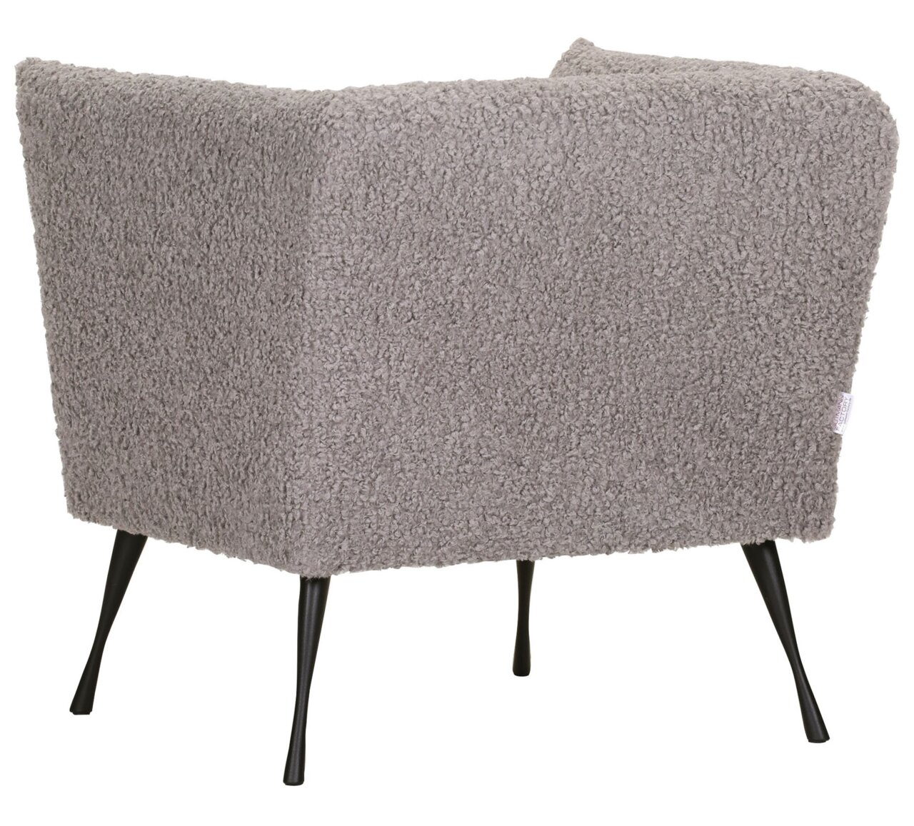 Achterkant van een fauteuil met een grijze, zachte stoffen bekleding en zwarte, slanke poten.