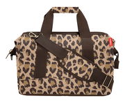 Leopardenmuster-Tasche mit braunen Trägern, seitliche Perspektive