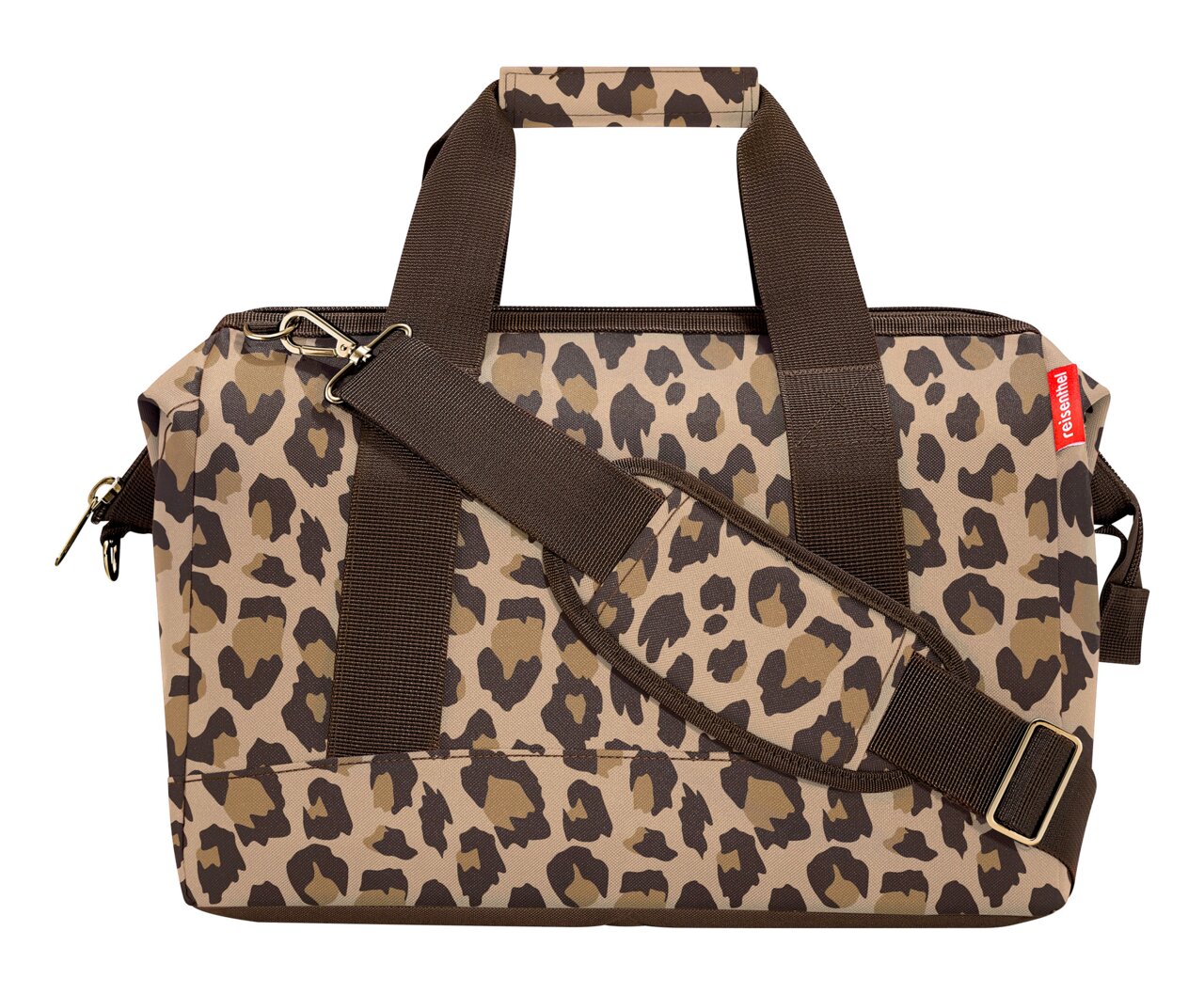 Reisenthel Allrounder M LEO MACCHIATO Leopardenmuster-Tasche mit braunen Trägern, seitliche Perspektive