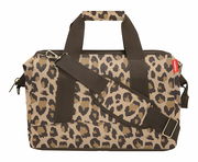 Leopardenmuster-Tasche mit braunen Trägern, seitliche Perspektive