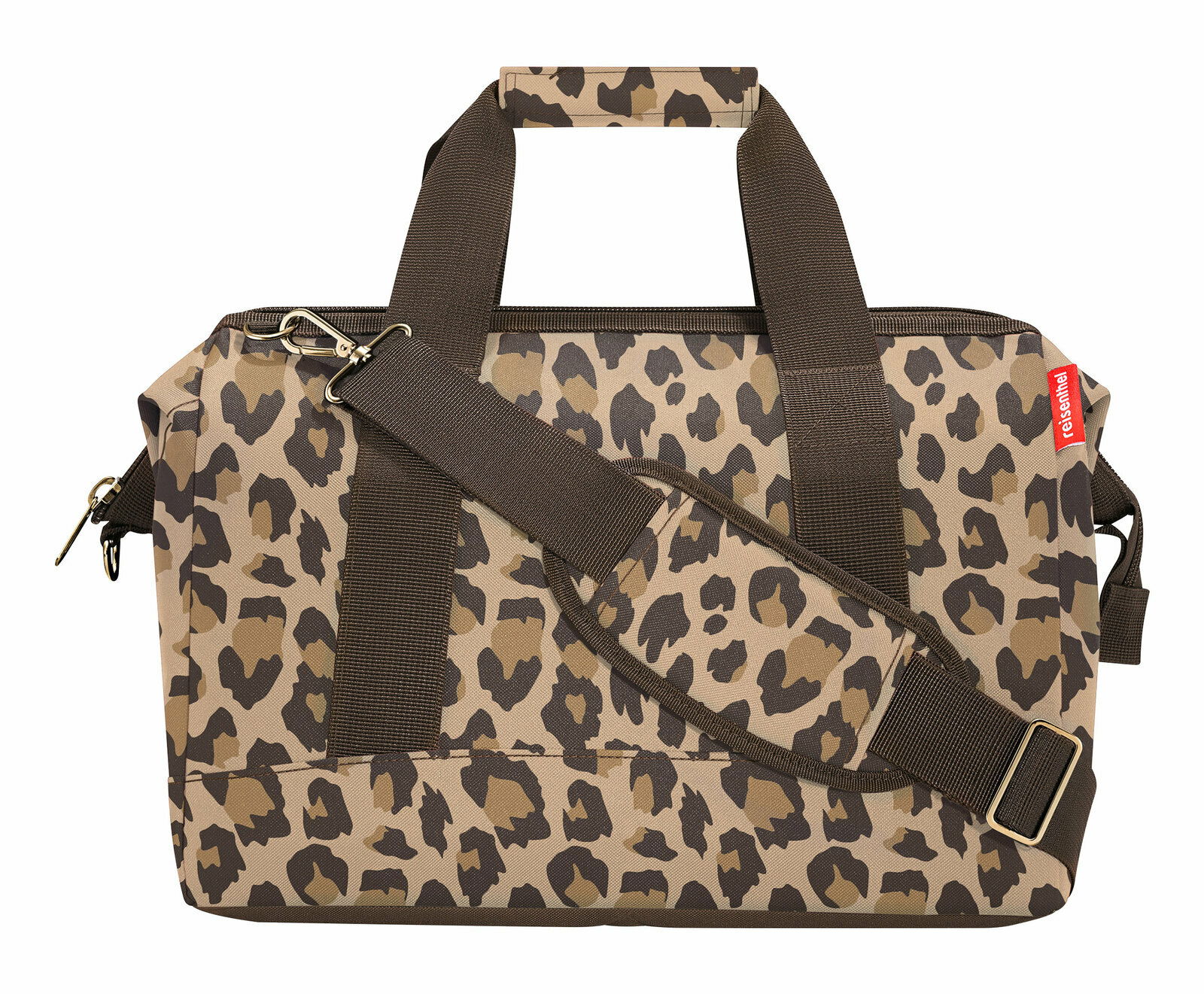 Leopardenmuster-Tasche mit braunen Trägern, seitliche Perspektive