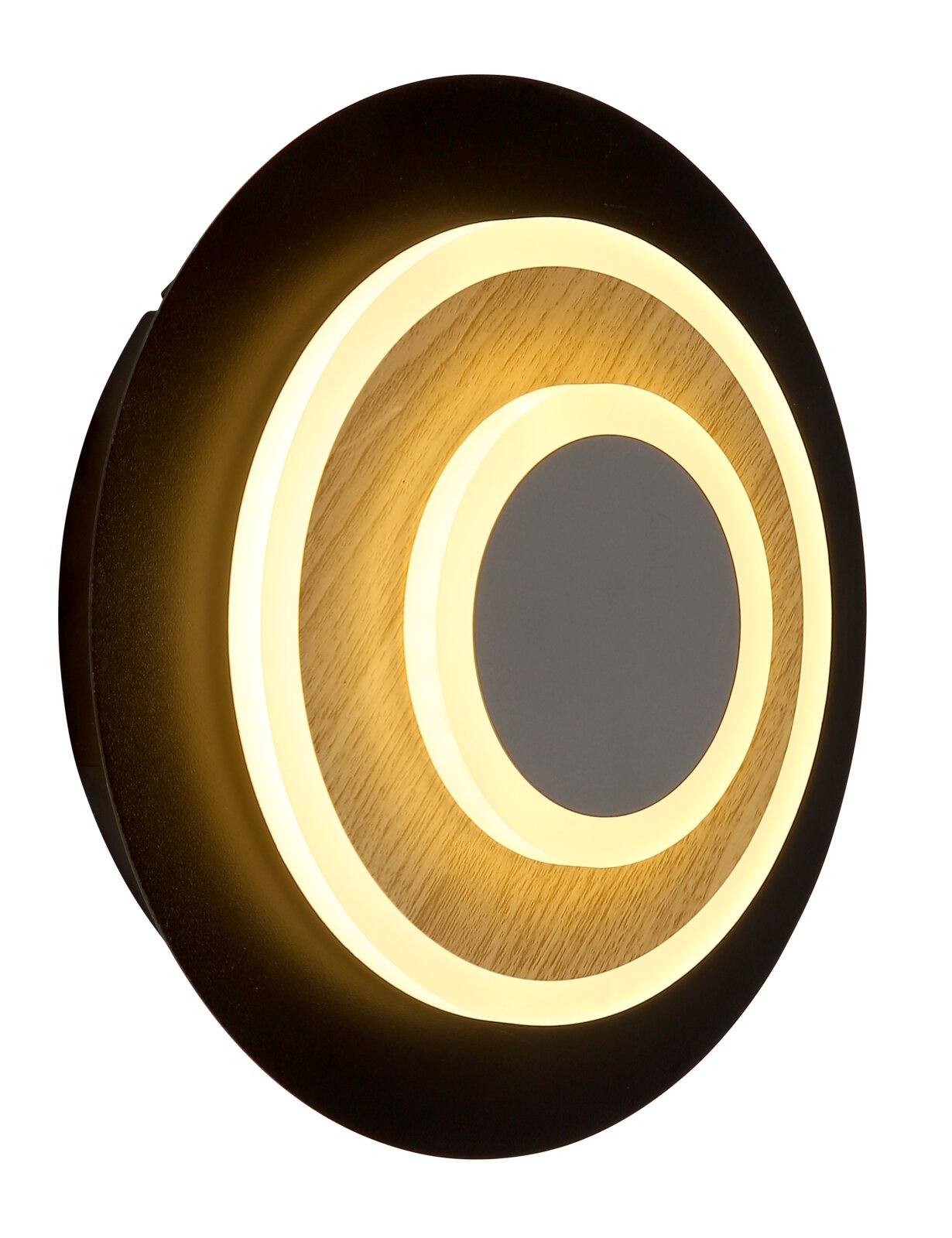 Runde LED-Wandleuchte in Schwarz mit Holzoptik und konzentrischen Leuchtringen, warmweiß leuchtend, leicht seitliche Frontansicht