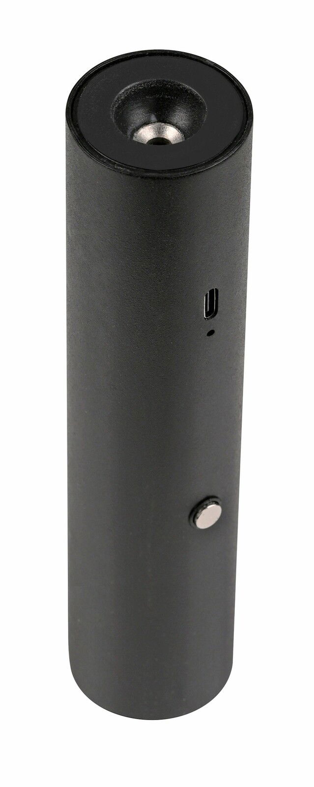 Zylindrische, schwarze Akku-Pendelleuchte mit USB-Anschluss und Schalter, seitliche Perspektive