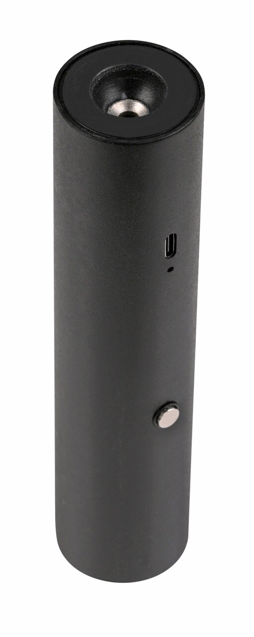 Zylindrische, schwarze Akku-Pendelleuchte mit USB-Anschluss und Schalter, seitliche Perspektive
