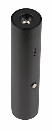 Cilindrische, zwarte hanglamp op accu met USB-aansluiting en schakelaar, zijaanzicht