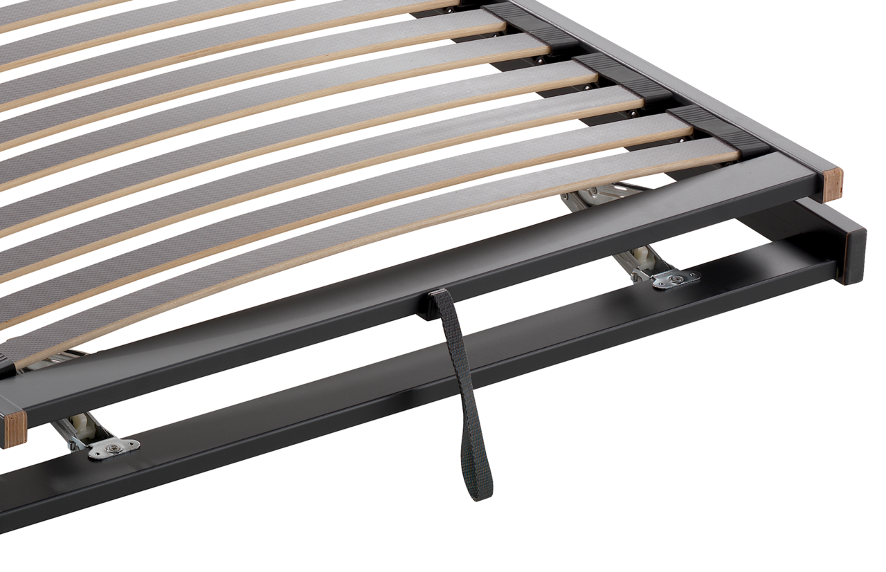 Detailansicht eines Federholzrahmens mit verstellbaren Latten und stabiler Metallkonstruktion.