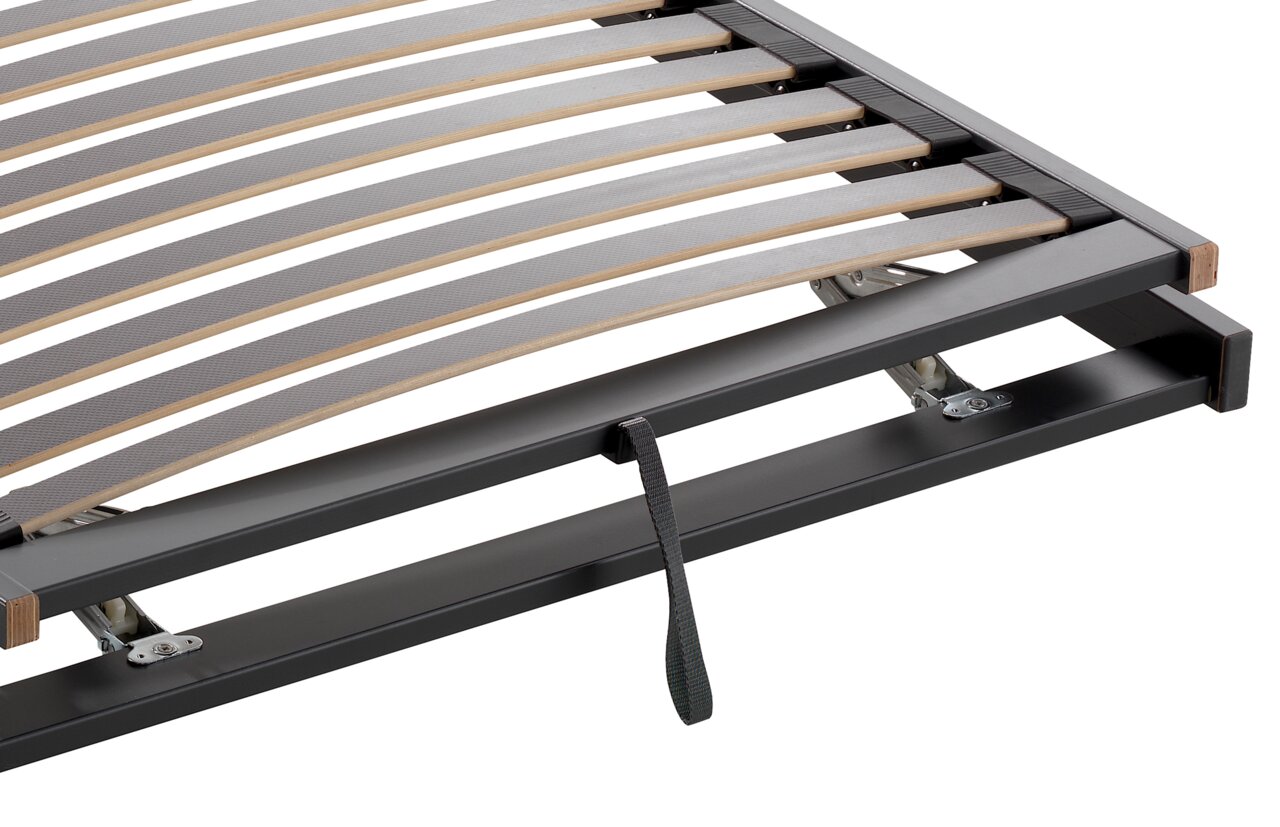 Detailansicht eines Federholzrahmens mit verstellbaren Latten und stabiler Metallkonstruktion.